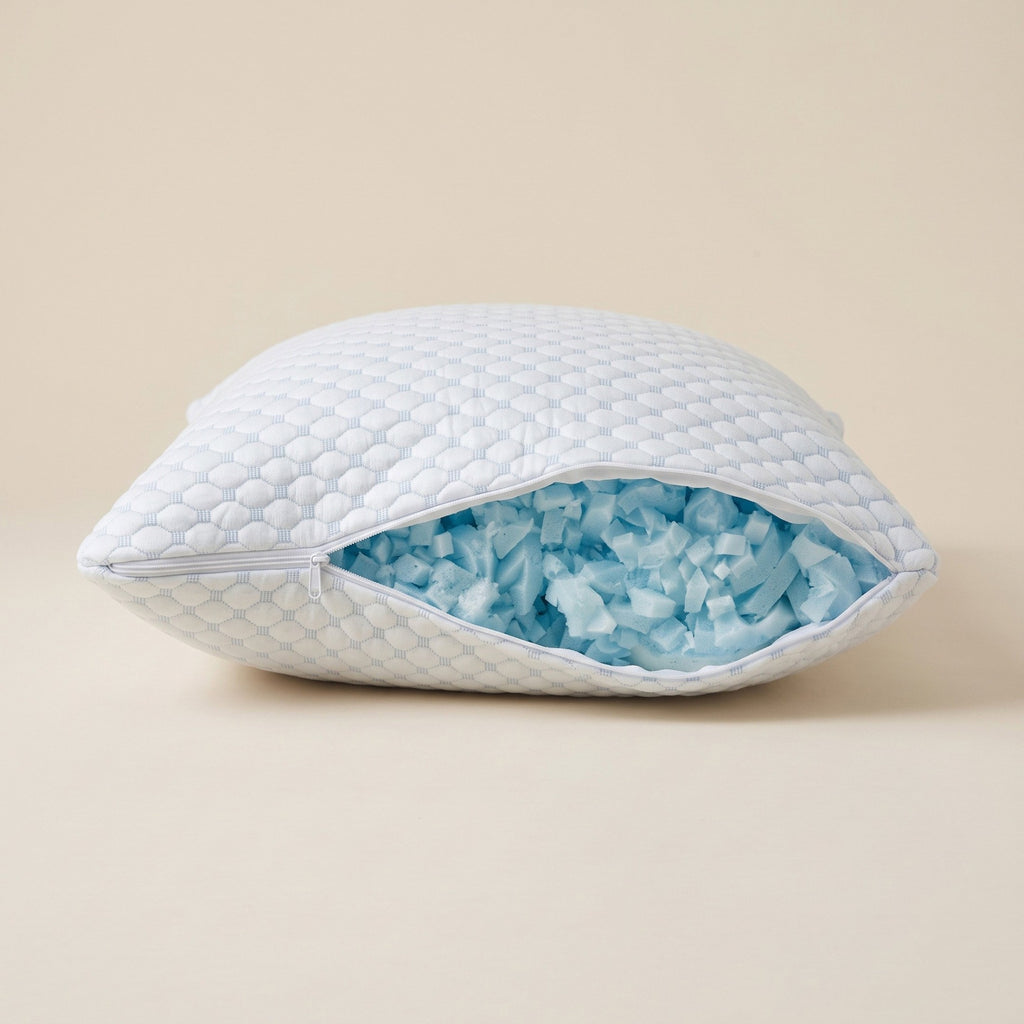 The Cloud Pillow unzipped, showing the real shredded memory foam fill