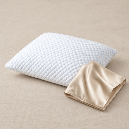 The Cloud Sleep Set — Cloud Pillow with a Champagne Wisp silk pillowcase