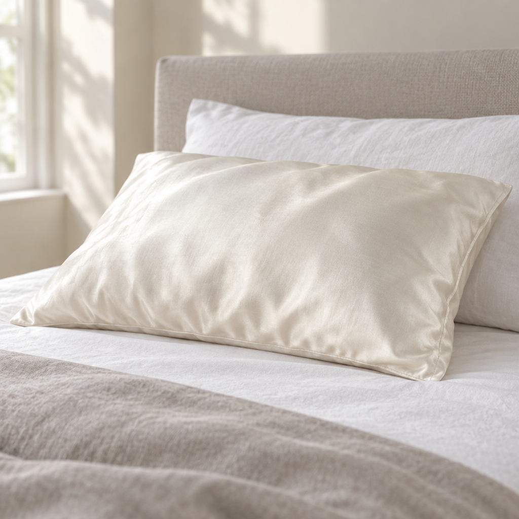 A pillow in an Ivory mulberry silk pillowcase on a made bed