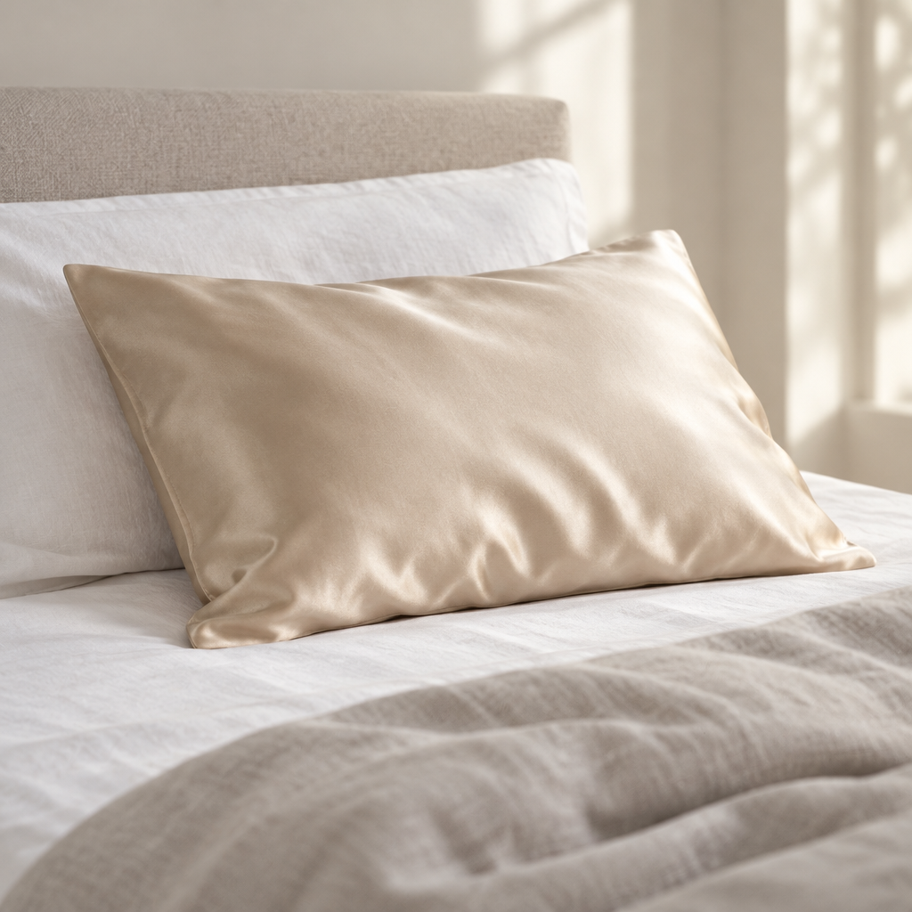 A pillow in a Champagne mulberry silk pillowcase on a made bed
