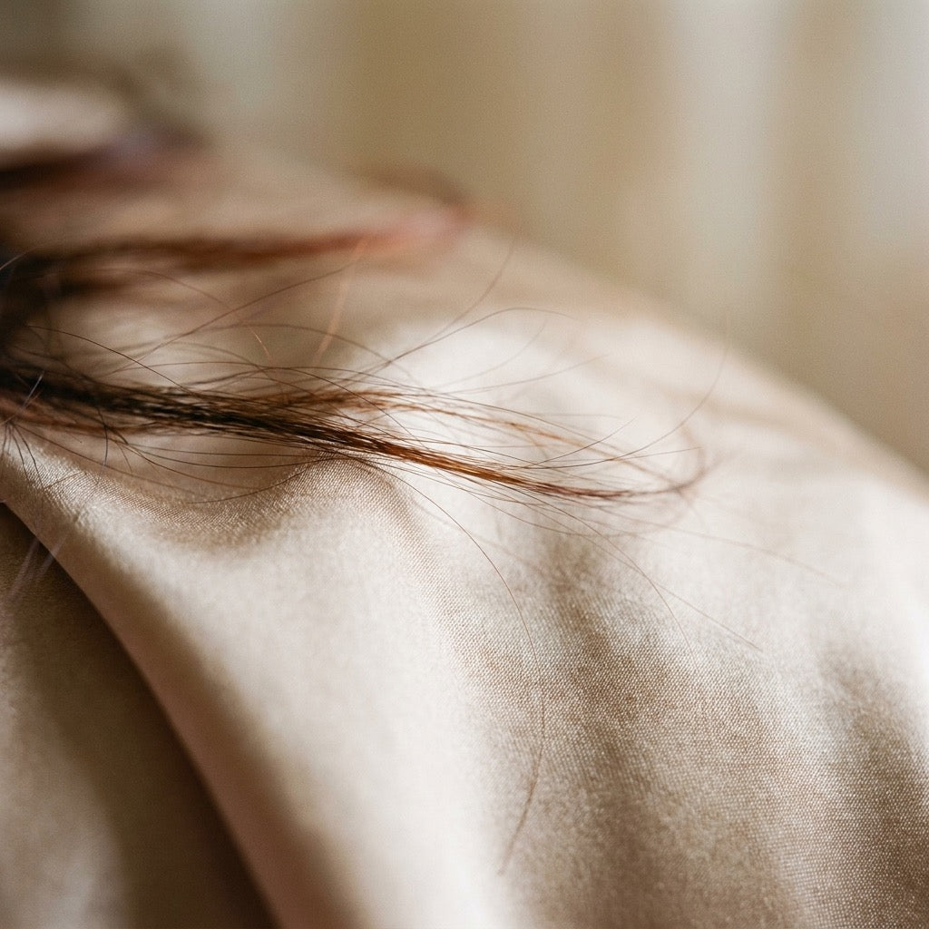Hair resting on champagne mulberry silk showing its natural sheen and smoothness