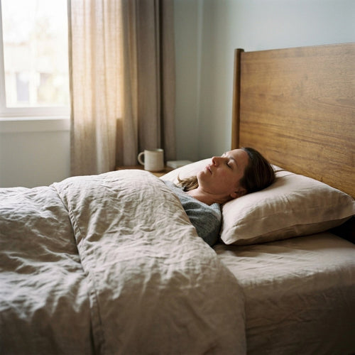 Woman sleeping peacefully on a Wisp mulberry silk pillowcase in a calm bedroom