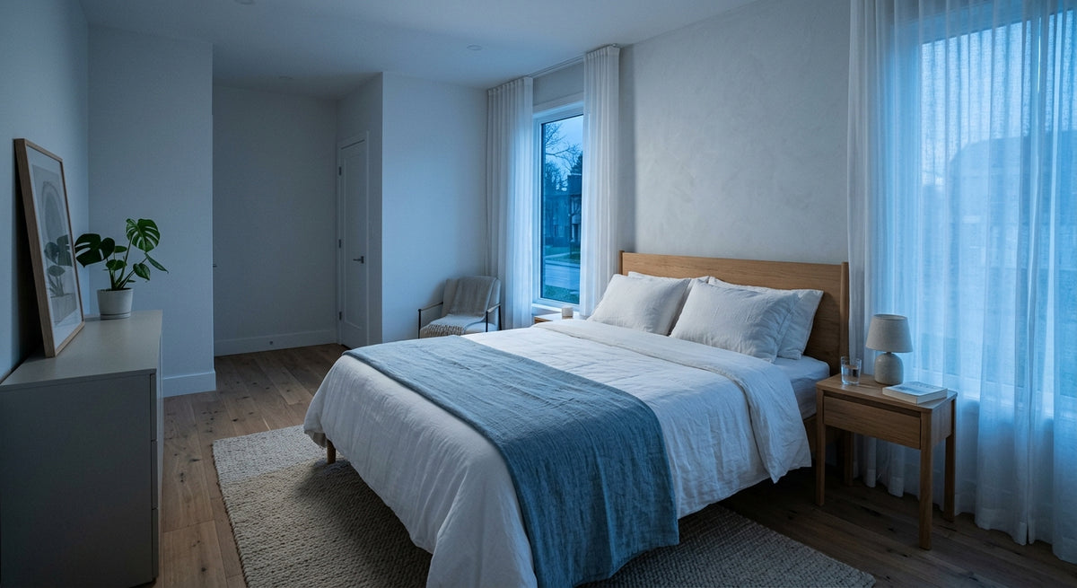 Serene bedroom at dusk with cool blue light