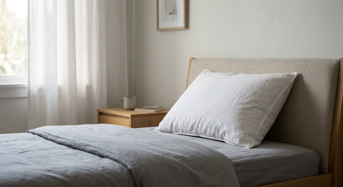 Minimal bedroom with a single pillow against a linen headboard