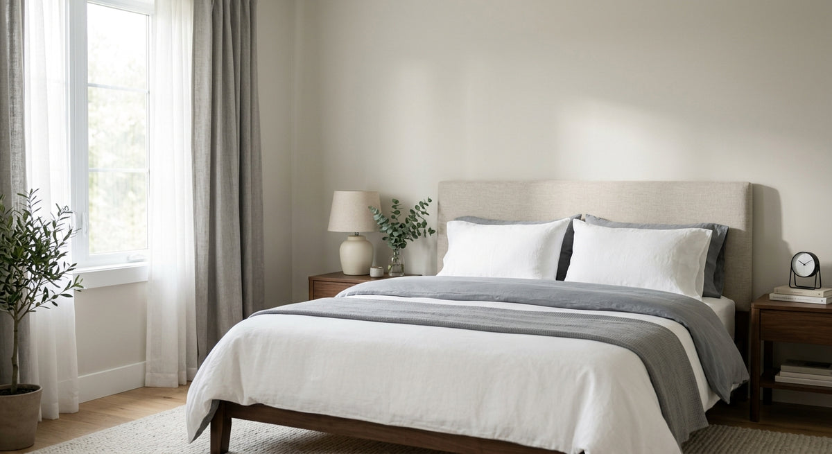 Calm modern bedroom, cool-neutral tones, morning light