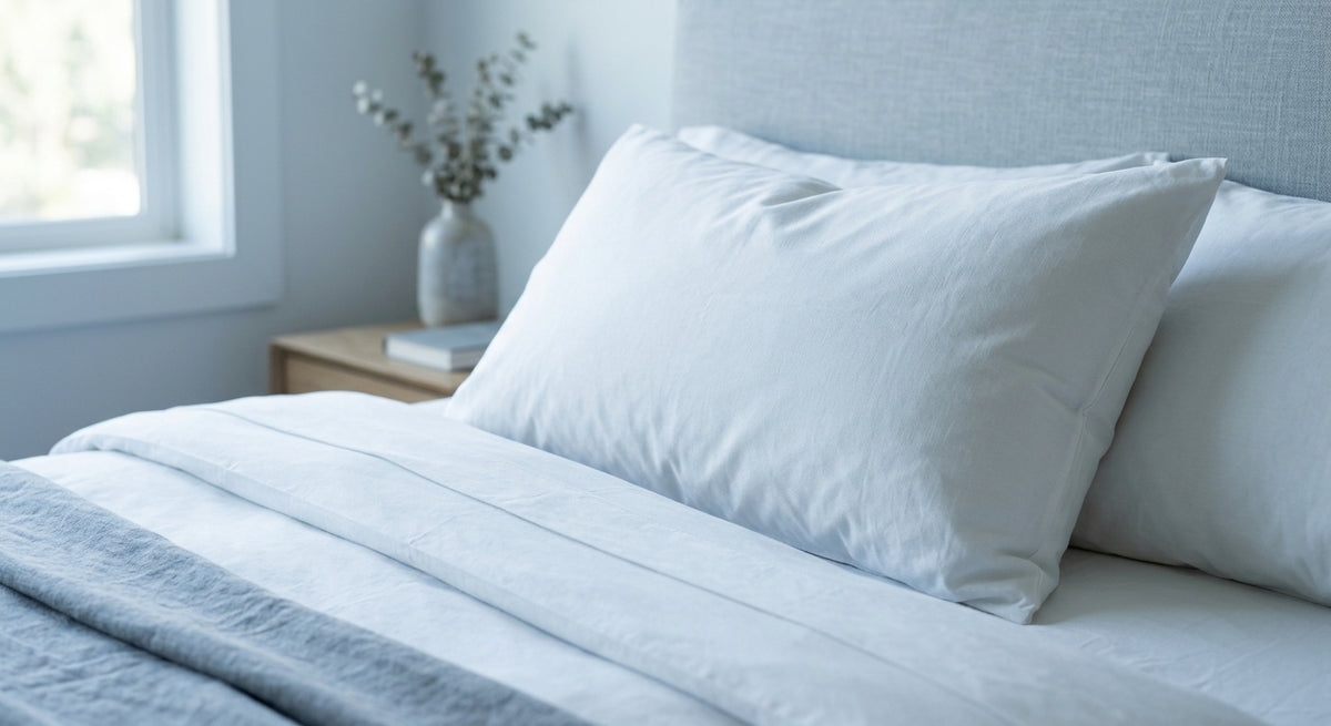 White pillow on a bed in soft cool daylight